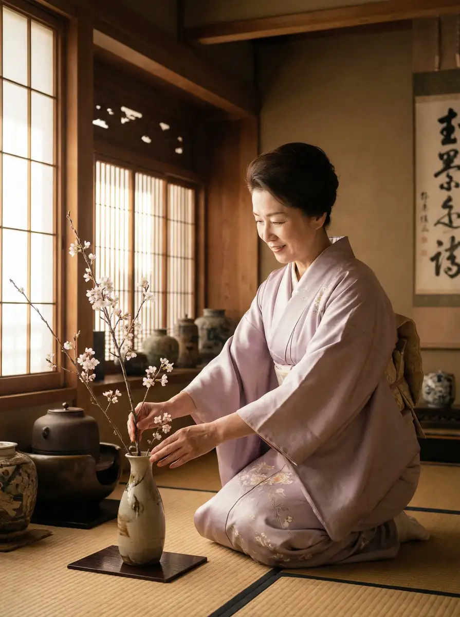 一位优雅的 番茄社区 在和室中插花